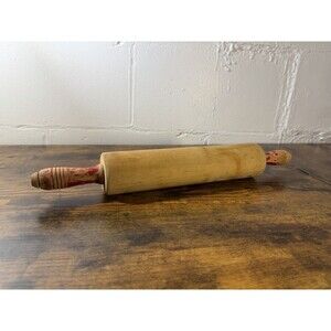 Vintage Wooden Rolling Pin Red Handles Primitive Farmhouse Kitchen Decor